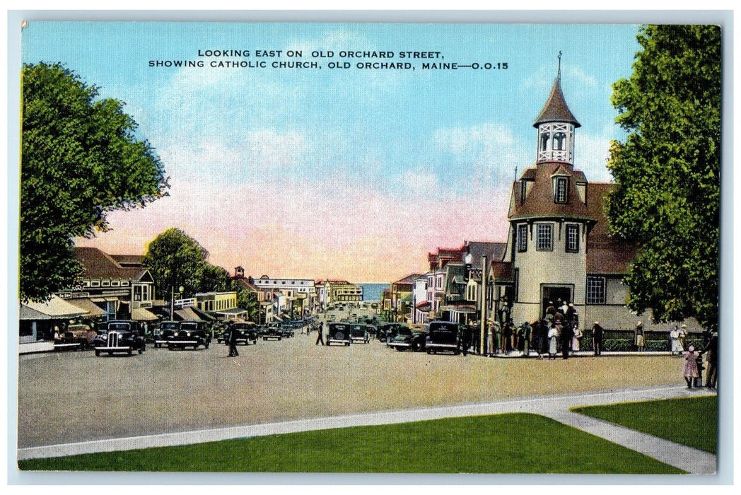 c1940s Looking East Old Orchard Street Catholic Church Scene Maine ME Postcard