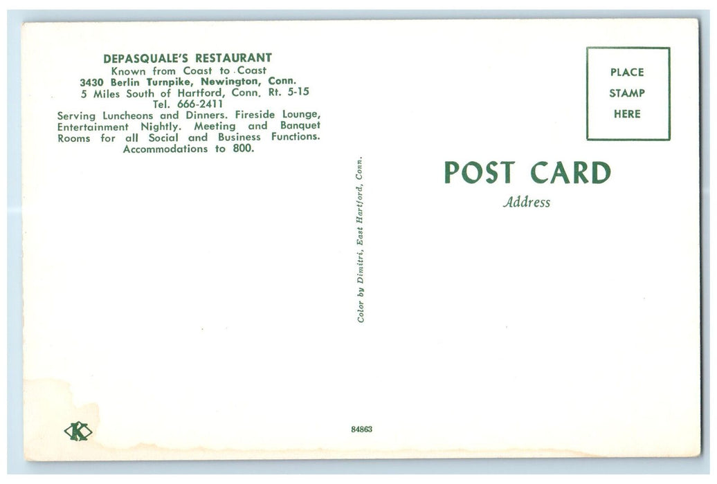c1950 Depasquale's Restaurant Dining Inn Fountain Signage Newington CT Postcard