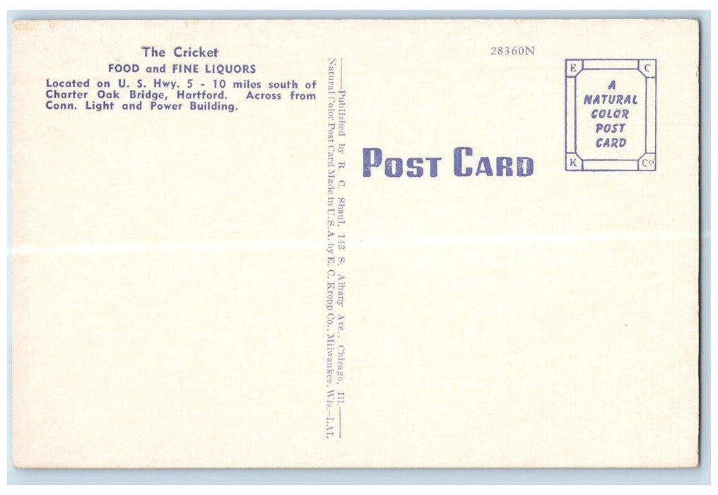 c1950 The Cricket Food Fine Liquors Restaurant US Hwy. Newington CT Postcard