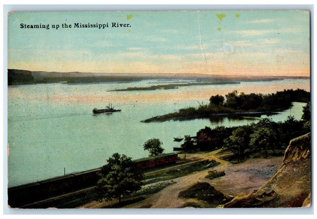 c1950 Steaming Up The Mississippi River Train Rail Road Ferry Iowa IA Postcard