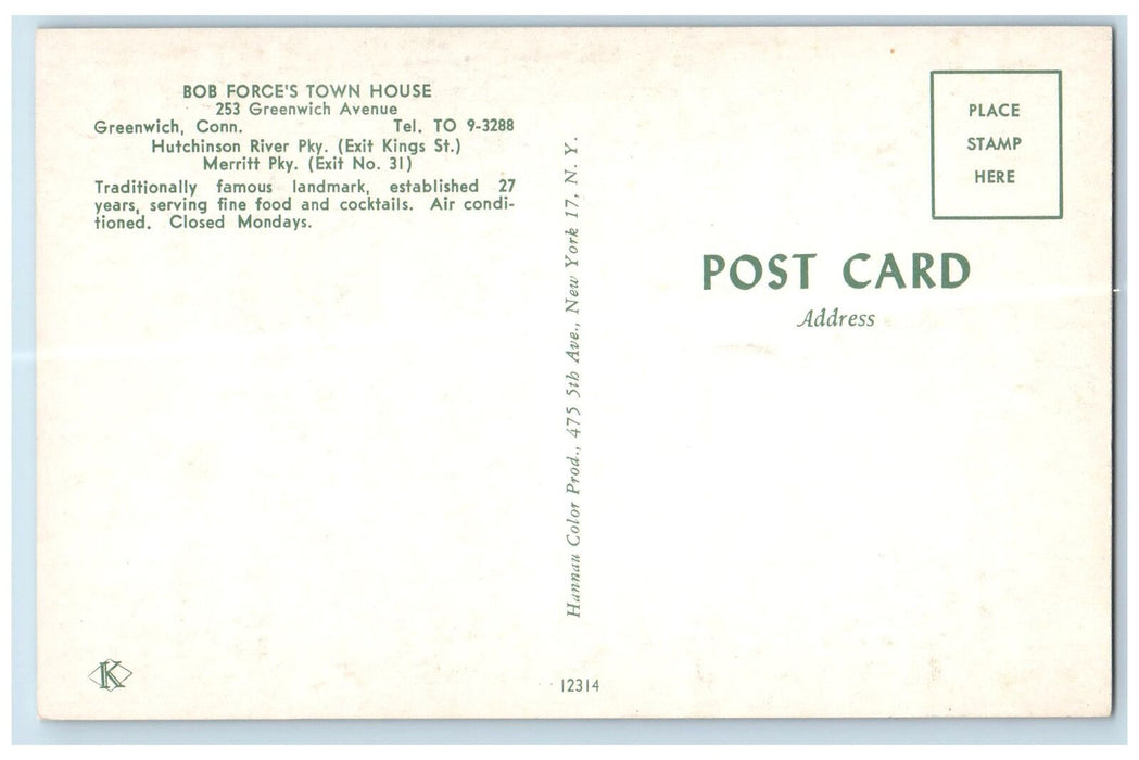 c1950 Bob Forces Town House Dining Restaurant Land Mark Greenwich CT Postcard