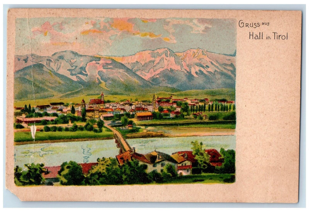 c1905's Gruss Aus Hall In Tirol Lake Bridge Church Houses Austria AT Postcard