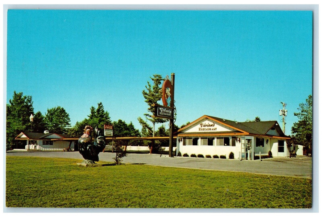 c1960s Vivian's Restaurant Rooster Statue Kalaska Michigan MI Unposted Postcard