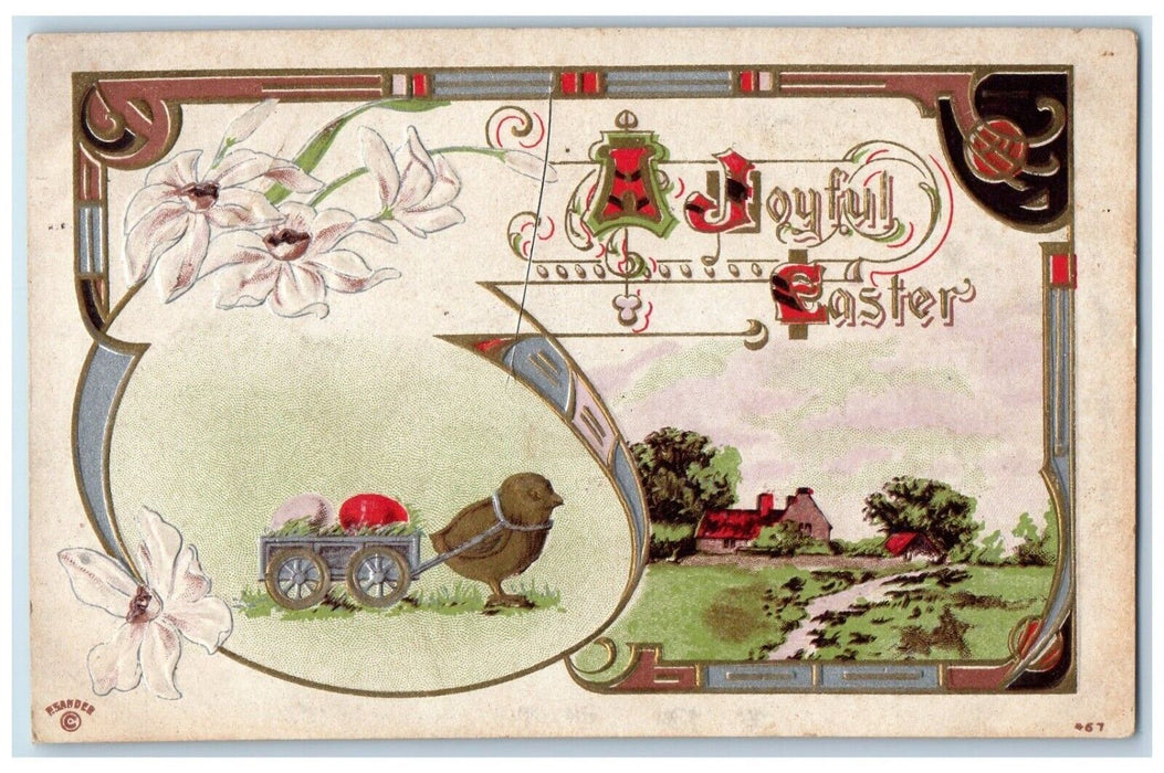 c1910's Easter Art Nouveau Chick Wagon Egg Lilies Flowers P. Sander Postcard