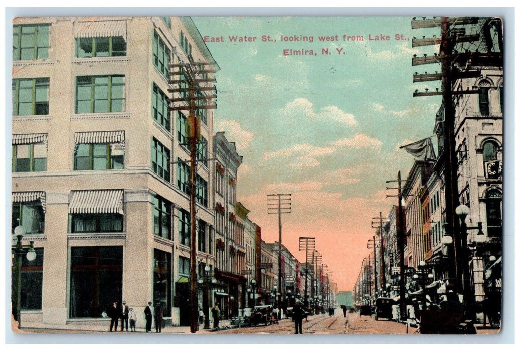 1913 East Water St Looking West Lake St Road Stores Elmira New York NY Postcard
