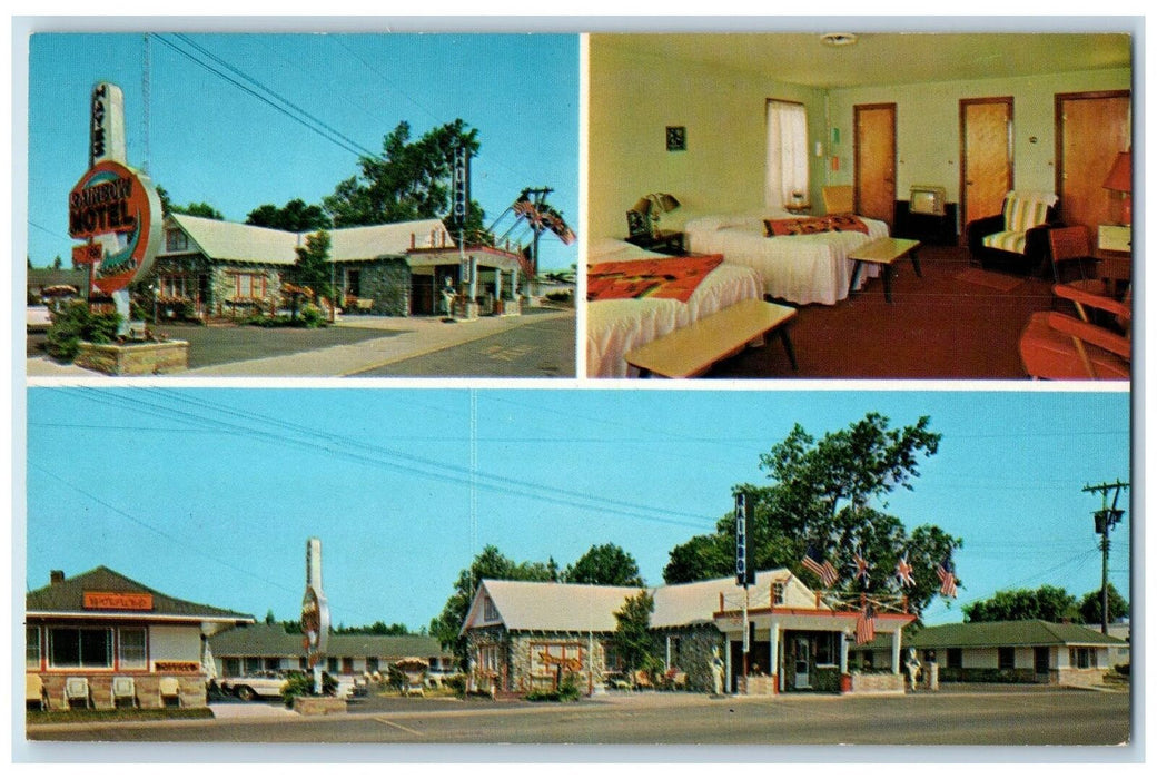 c1960s Hayes Rainbow Motel Multiview Mackinaw City Michigan MI Unposted Postcard