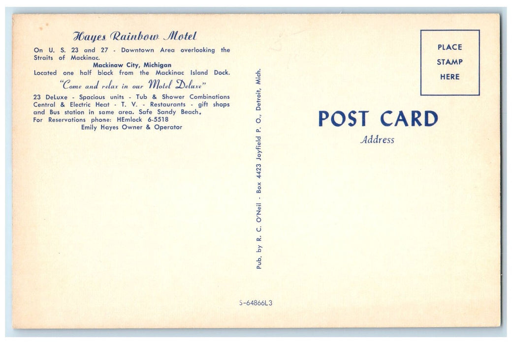 c1960s Hayes Rainbow Motel Multiview Mackinaw City Michigan MI Unposted Postcard