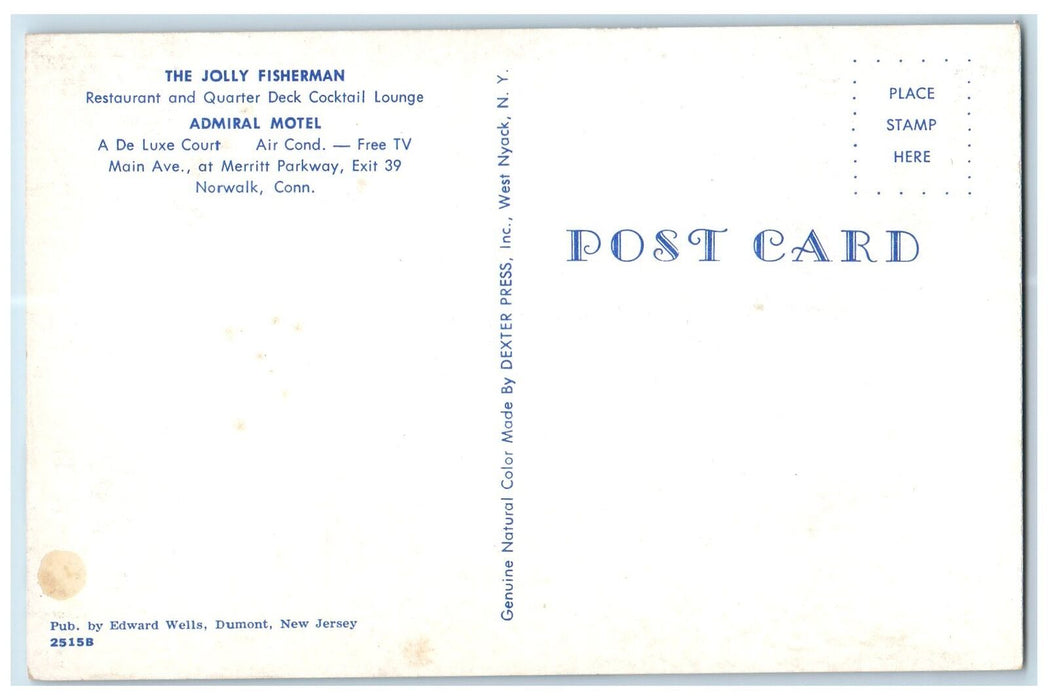 c1960 The Jolly Fisherman Admiral Motel Merritt Parkway Norwalk CT Postcard