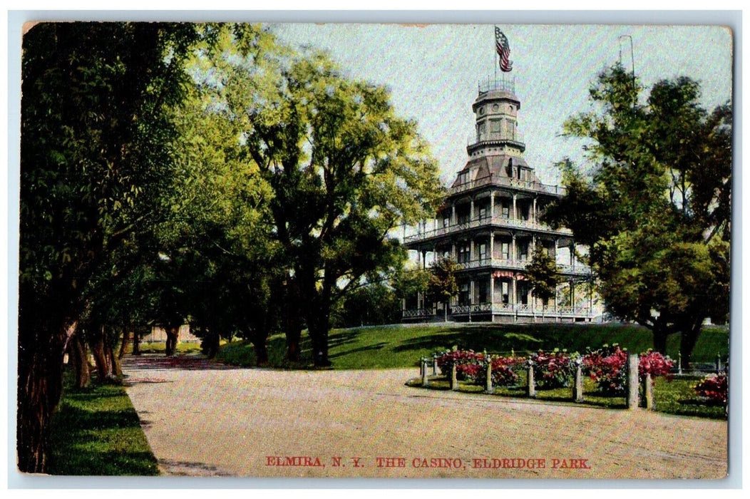 1908 The Casino Eldridge Park Exterior Street Flowers Elmira New York Postcard