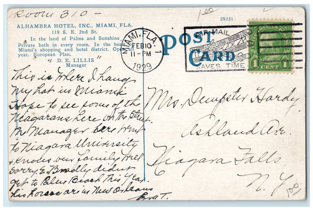 1929 Alhambra Hotel In Land of Palms and Sunshine Miami Florida FL Postcard
