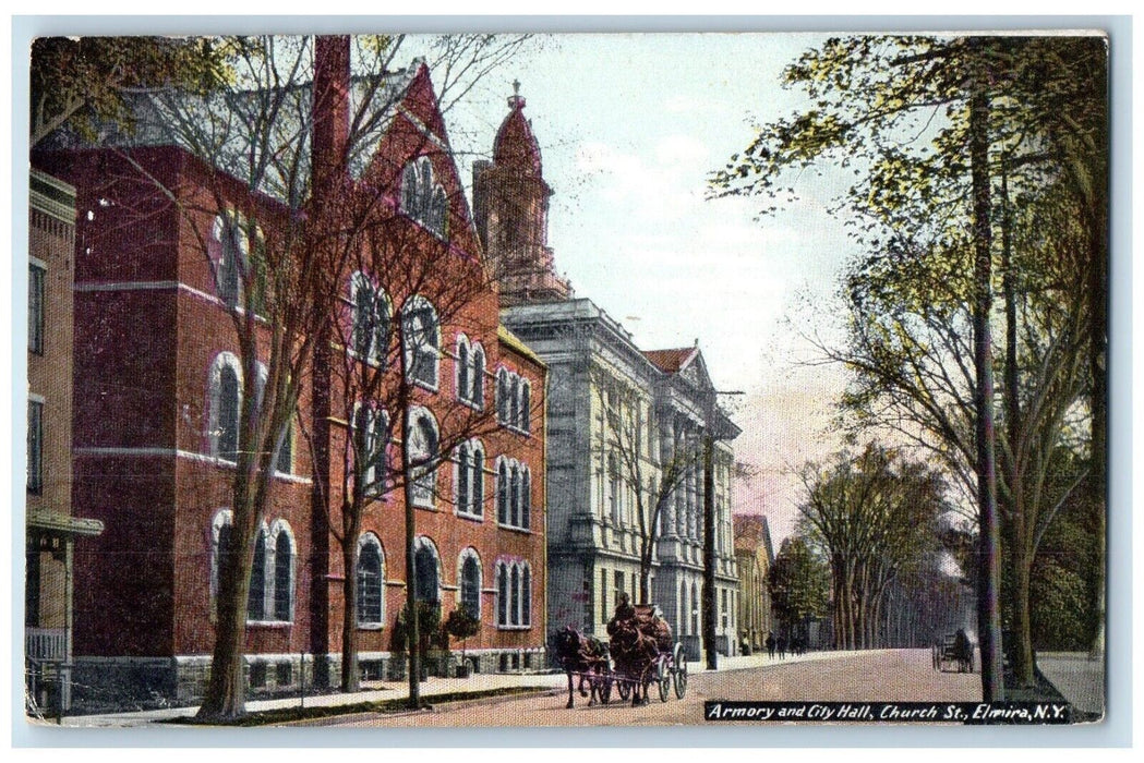 1916 Armory City Hall Church Exterior Chapel Horse St. Elmira New York Postcard