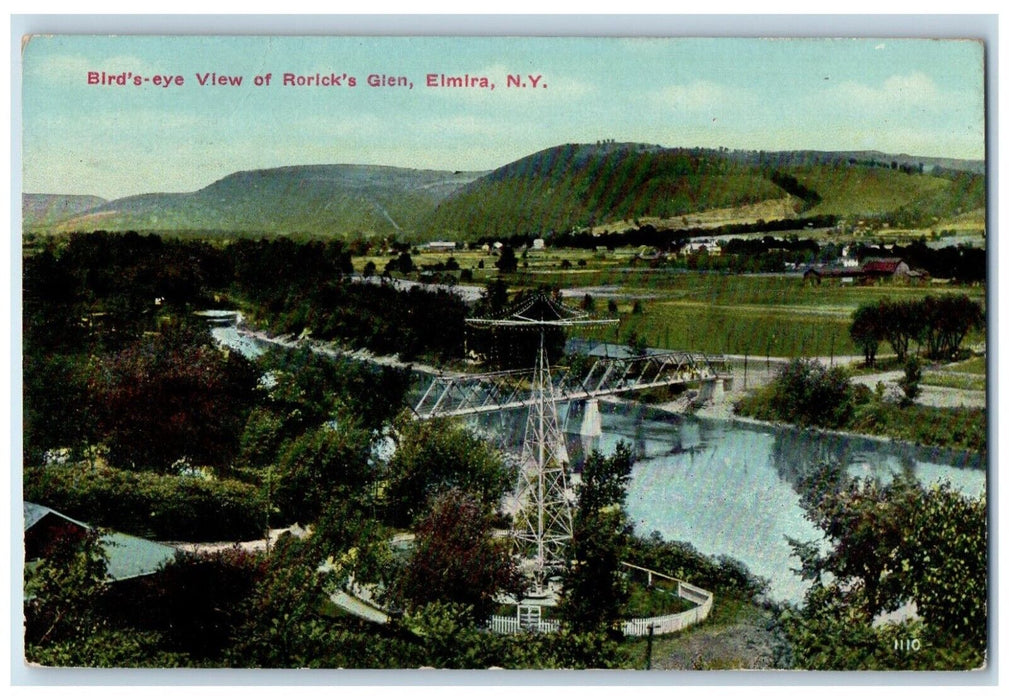 1913 Birds Eye View Roricks Glen Bridge River Lake Elmira New York NY Postcard
