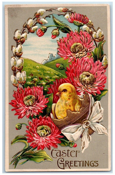 1911 Easter Greetings Chicks Hatched Egg Flowers Embossed Pip Berry Postcard