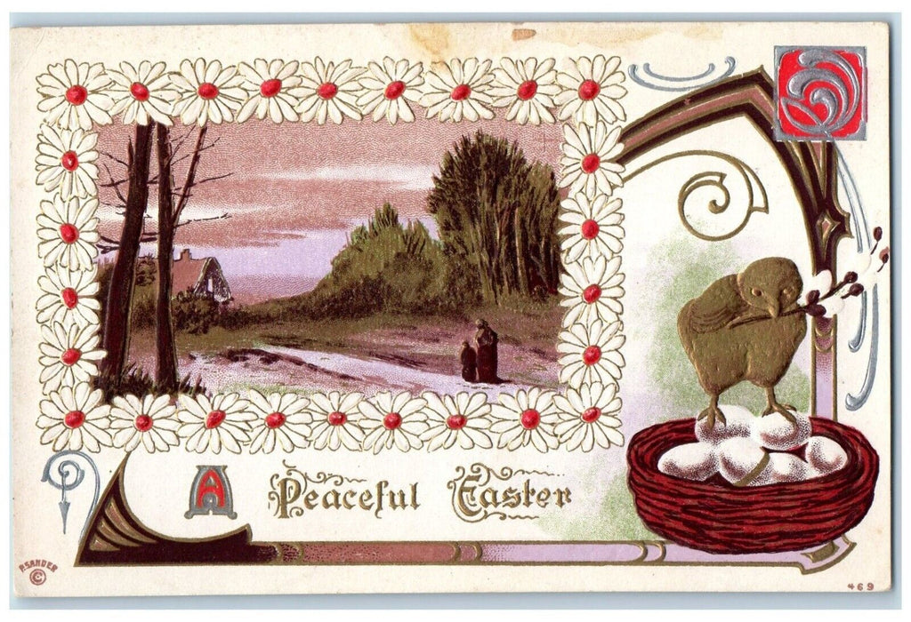 c1910's Easter Art Nouveau P. Sander Chick Eggs Flowers Pip Berry Postcard