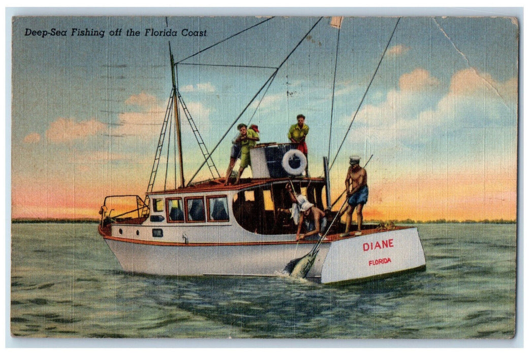 1942 Yacht Boat Deep-Sea Fishing off the Florida Coast FL Postcard
