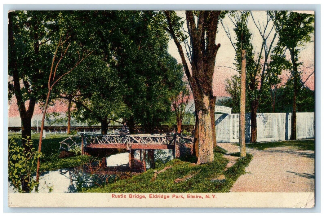 1910 Rustic Bridge Eldridge Park Trees Fence Entrance Elmira New York Postcard