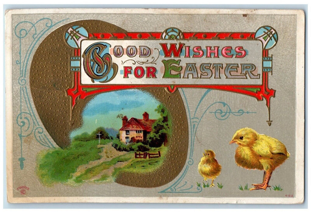 1915 Easter Gold Giant Egg Chicks House Embossed Posted Antique Postcard