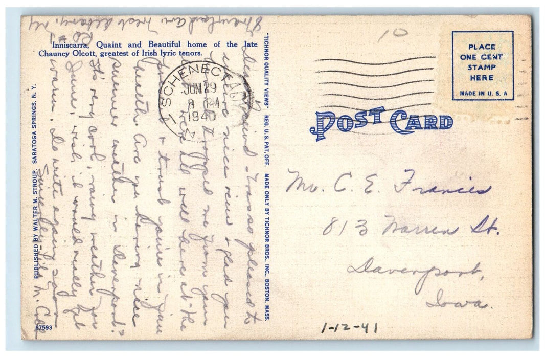 1940 Gardens At Inniscarra Chauncy Olcott Saratoga Springs New York NY Postcard