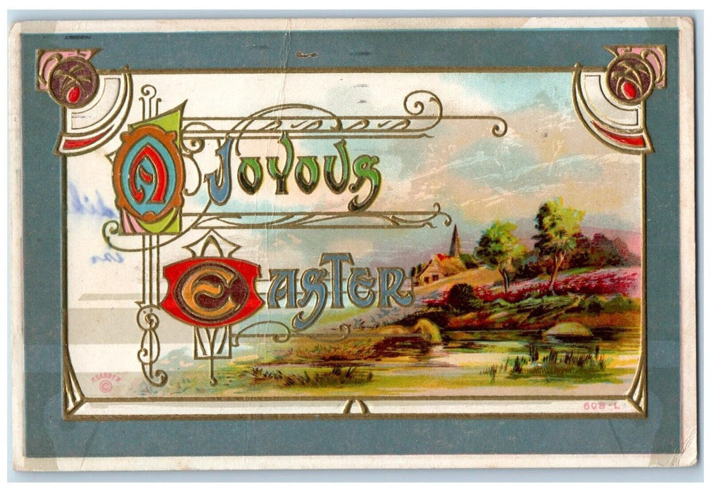 1915 Joyous Easter Art Nouveau House P. Sander Embossed Posted Antique Postcard