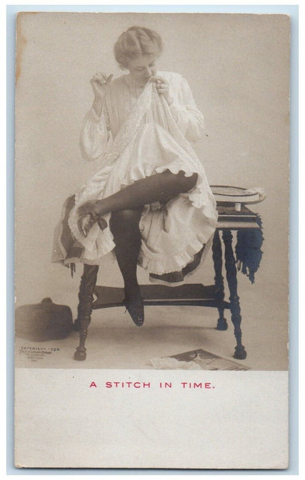 Chicago IL, Studio Sewing Stockings Girl Risque Antique RPPC Photo Postcard