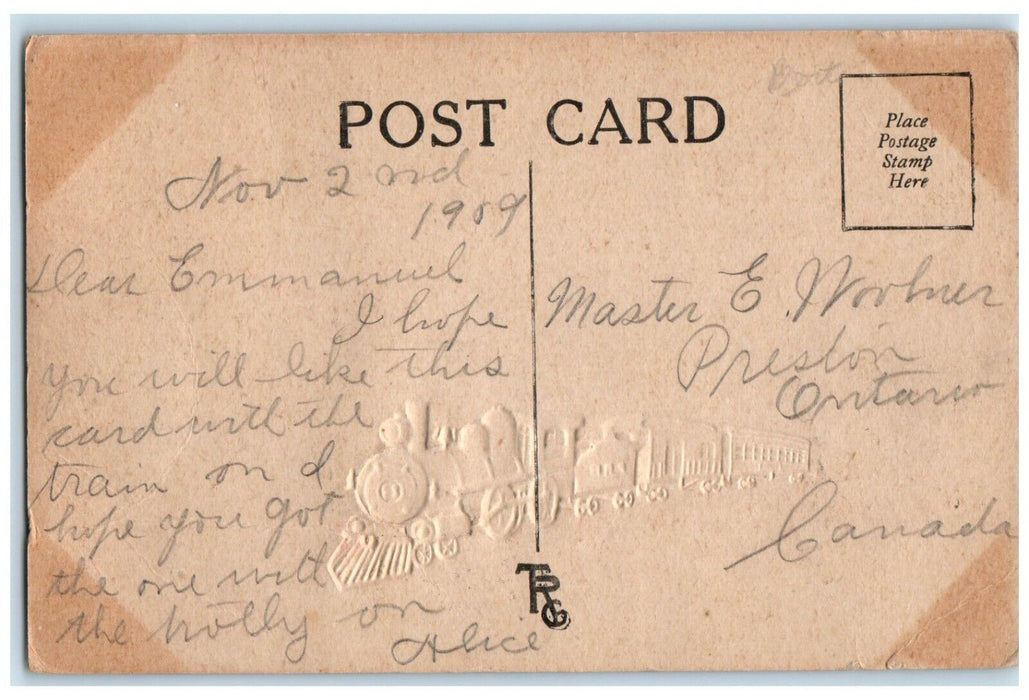 1909 Railroad Locomotive Train Airbrushed Embossed Posted Antique Postcard