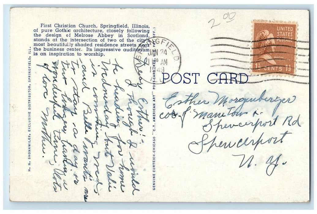 1949 First Christian Church And Cook Streets Springfield Illinois IL Postcard