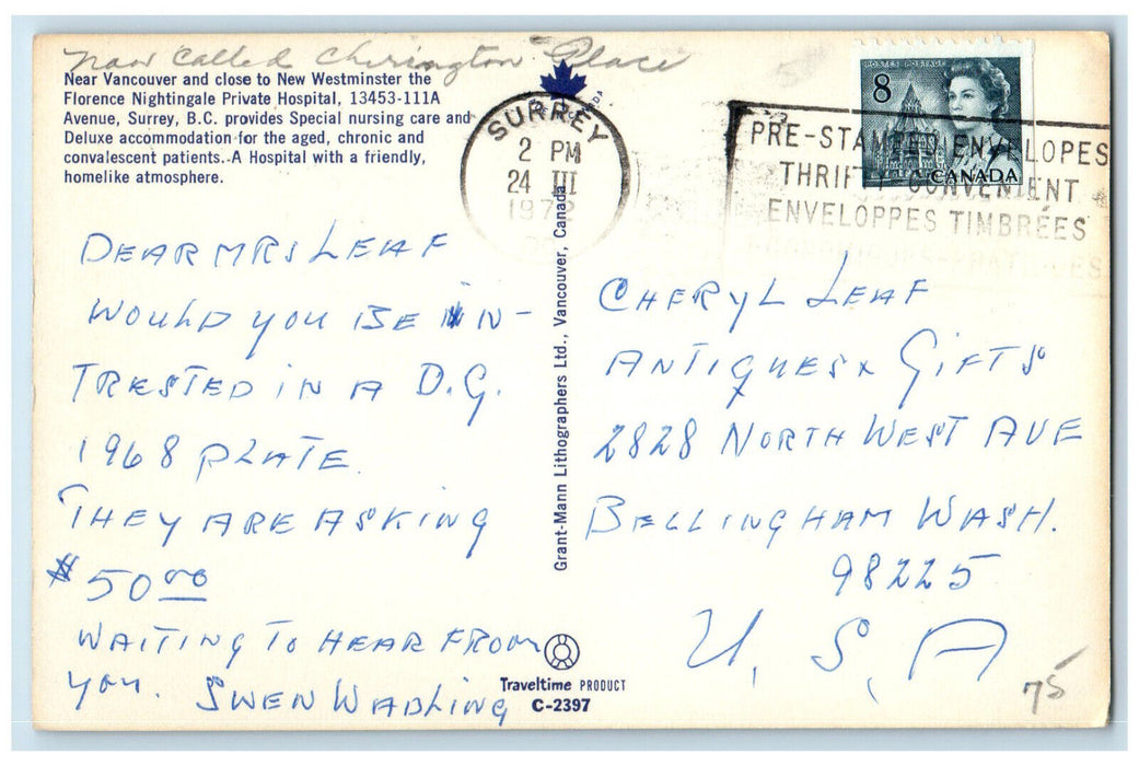 1972 The Florence Nightingale Private Hospital Surrey BC Canada Postcard
