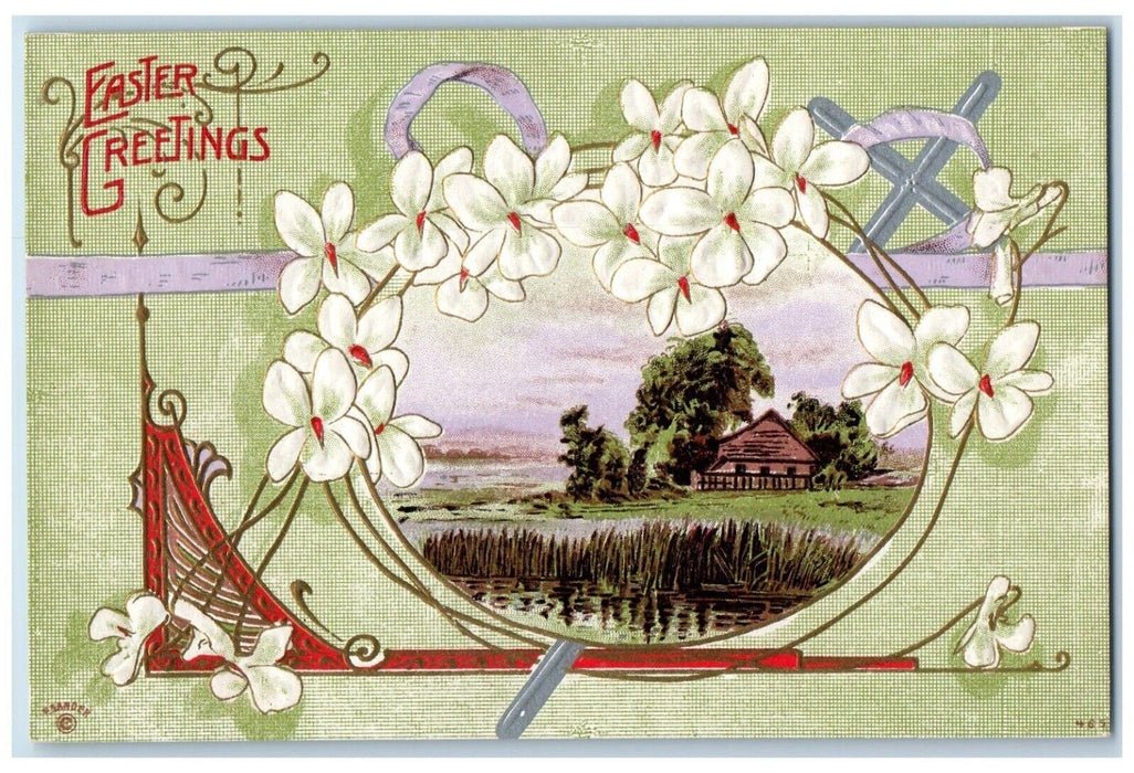 c1910's Easter Greetings White Flowers Art Nouveau Embossed P. Sander Postcard