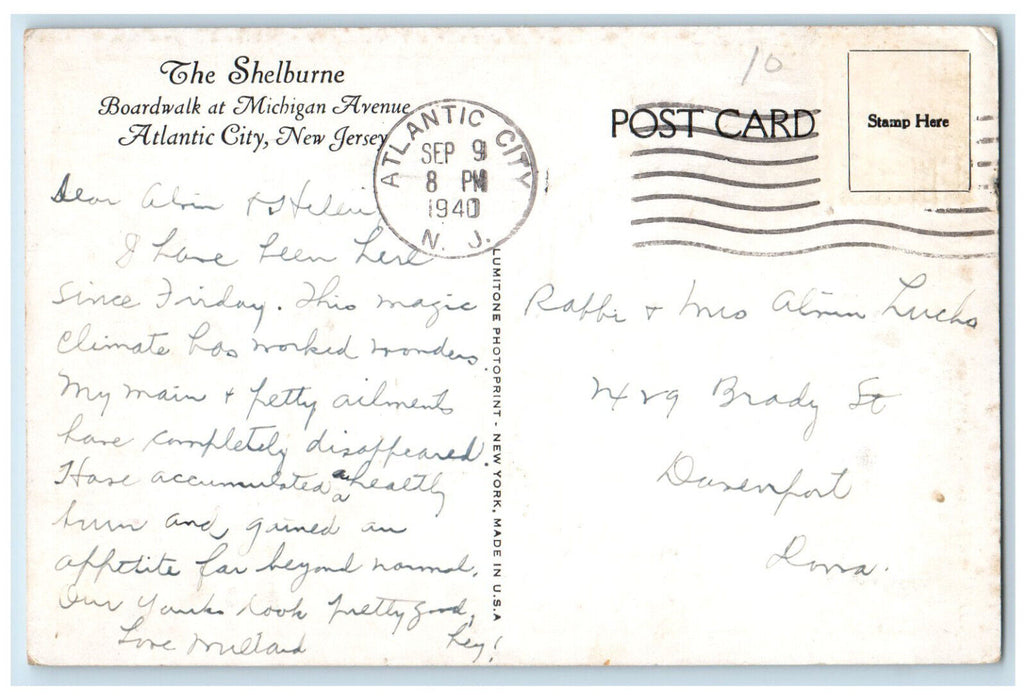 1940 The Shelburne Resort Hotel Boardwalk Atlantic City New Jersey NJ Postcard