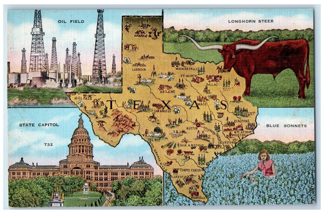 c1940's Texas State Map Multiview Oil Field Longhorn Steer TX Unposted Postcard