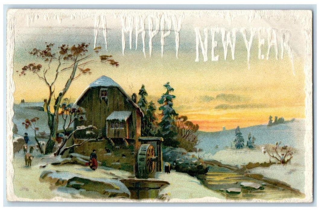 1909 Happy New Year Mill In Winter Embossed Winsch Back Ann Harbor MI Postcard