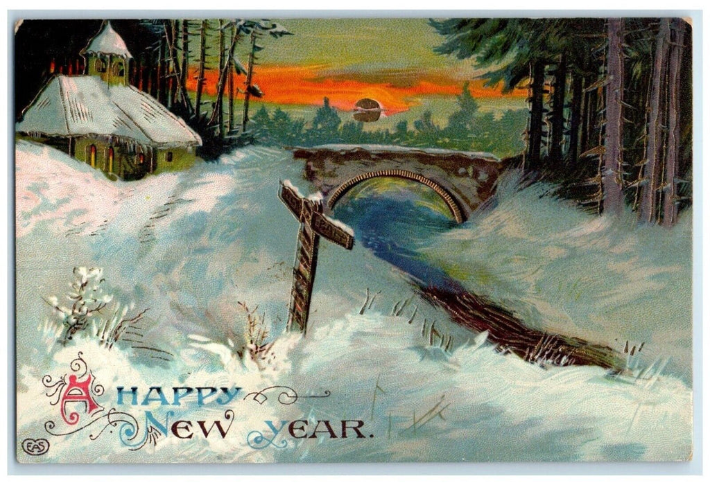 1913 Happy New Year House Winter Bridge Embossed Gel Gold Gilt Antique Postcard