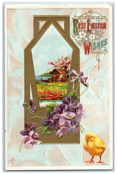 1912 Easter Wishes Art Nouveau House Pansies Flowers Chick P. Sander Postcard