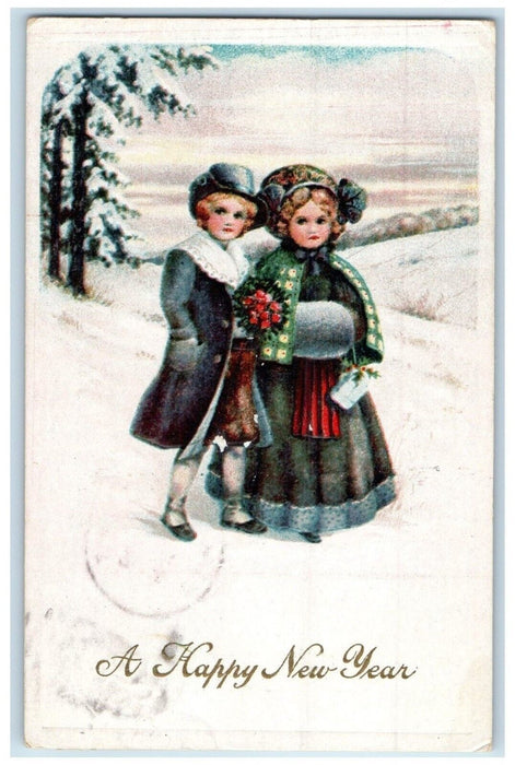 1915 New Year Children Handwarmer Flowers Winter Embossed Hart MI Postcard