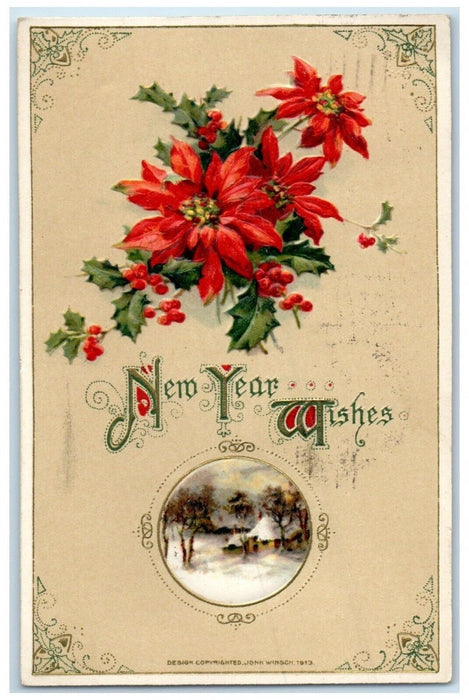 1915 New Year Wishes Poinsettia Flowers House Winter John Winsch Posted Postcard