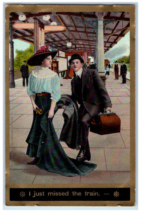 c1910's Couple Man I just Missed The Train Unposted Antique Postcard