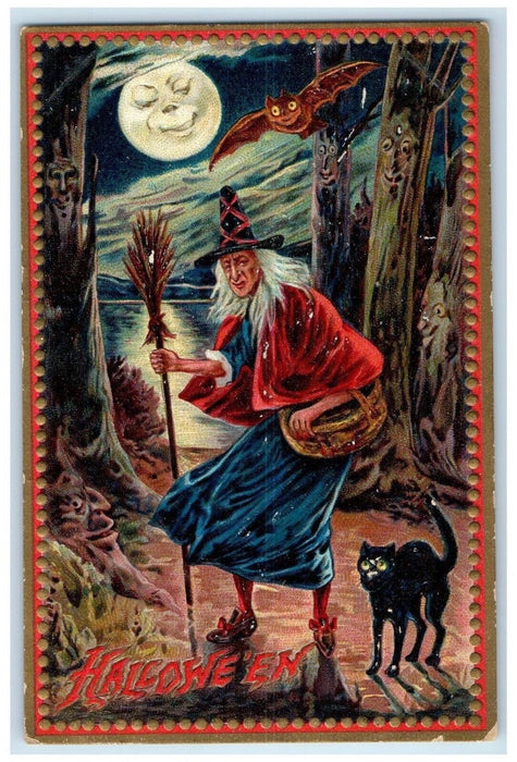 c1910's Halloween Witch And Black Cat Anthropomorphic Moon Bat Tuck's Postcard