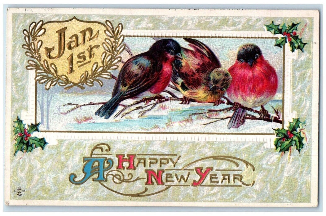 c1910's Happy New Year Song Birds Holly Berries Embossed Antique Postcard