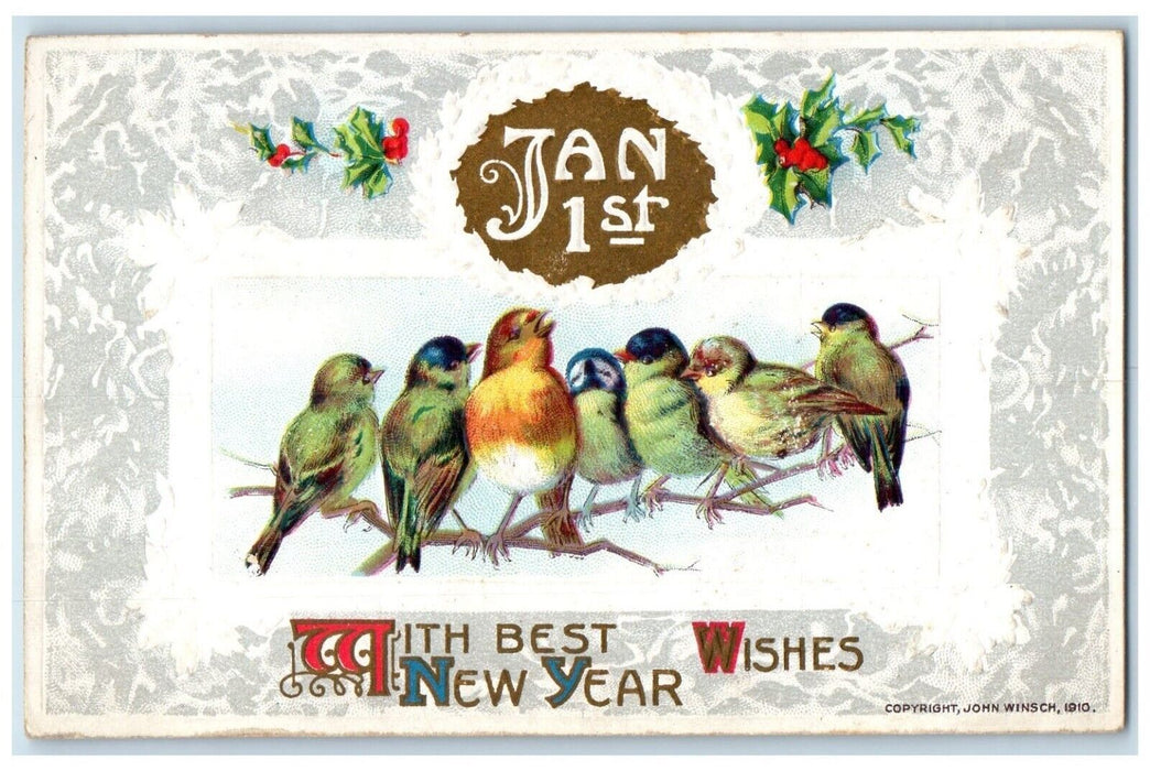 c1910's New Year Song Birds Holly Berries John Winsch Artist Signed Postcard