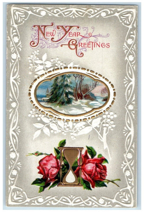 1911 New Year Greetings Flowers Hourglass Pine Trees Winter Oxford WI Postcard