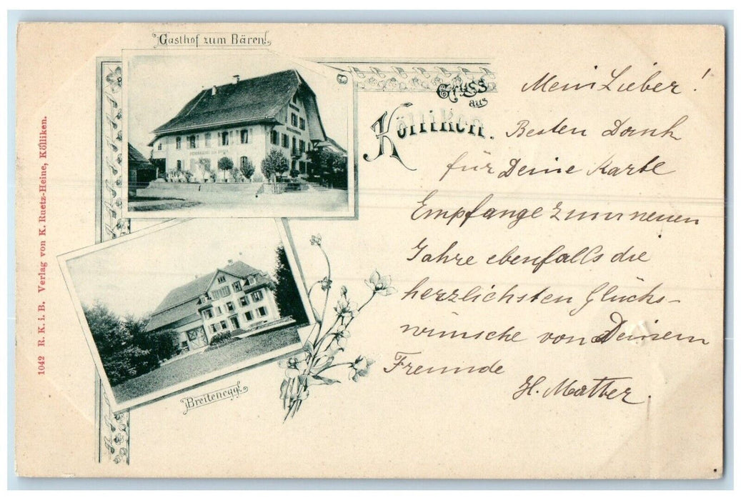 1901 Gasthof Zum Baren Breitenegg Greetings from Kolliken Switzerland Postcard