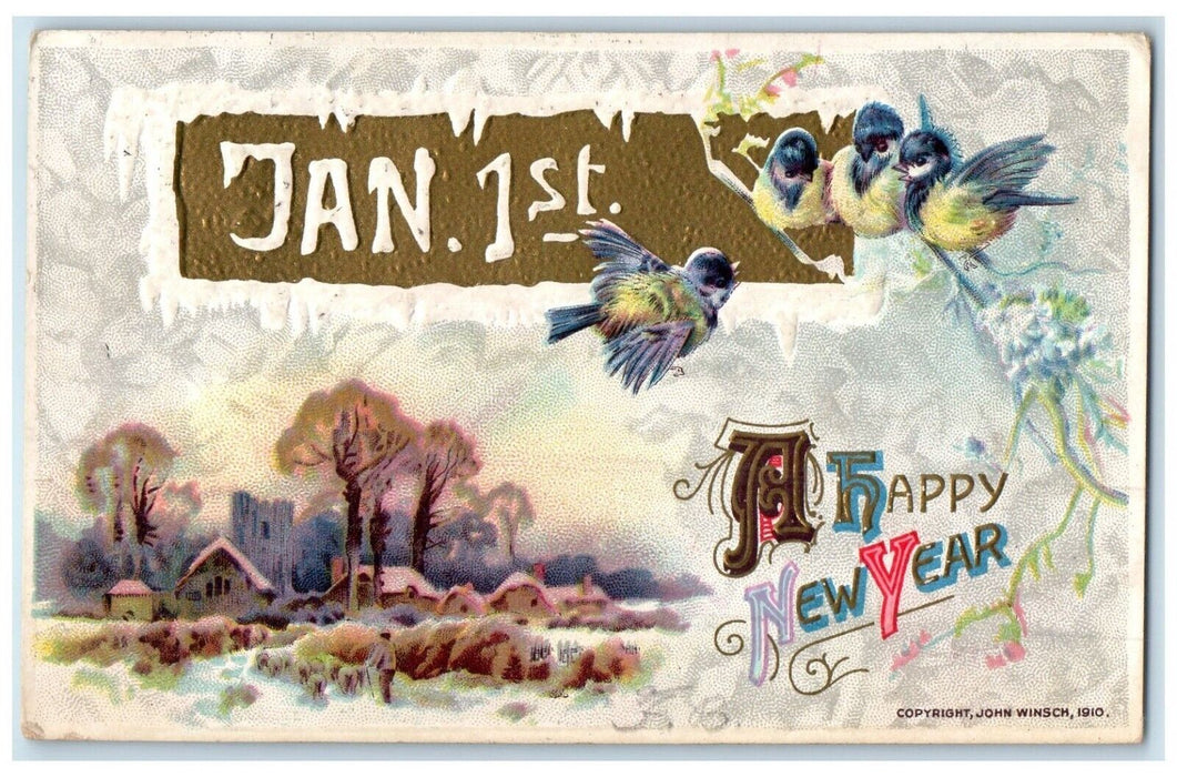 1911 Happy New Year Song Birds House Winter John Winsch Artist Signed Postcard