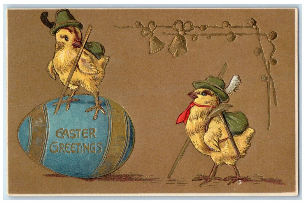 Easter Greetings Anthropomorphic Chicks Egg Mining Mountain Climbing Postcard