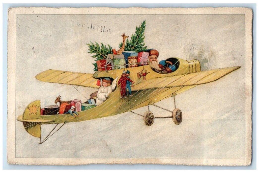 1927 Santa Claus In Airplane With Toys Ludington Michigan MI Antique Postcard