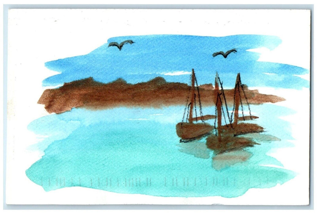 c1910's Boat Scene Hand Drawn Painted Art Glitter Ludington Michigan MI Postcard