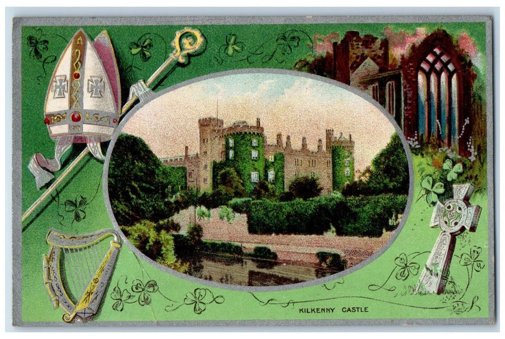 c1910's St. Patricks Day Kilkenny Castle Harp Embossed Posted Antique Postcard