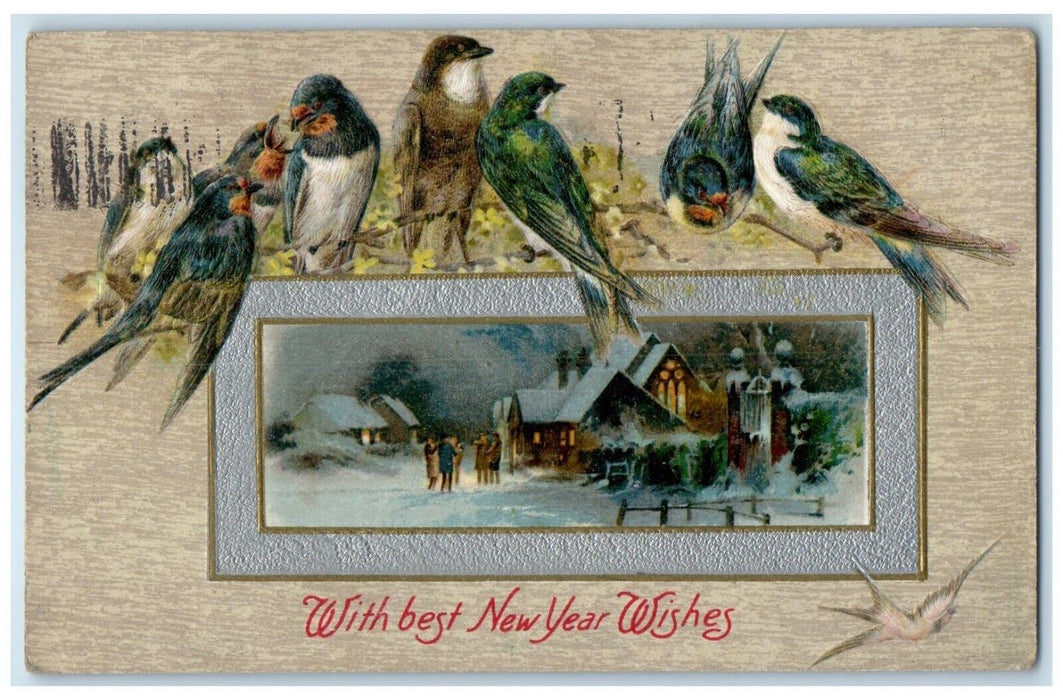 1909 New Year Wishes Song Birds Houses Winter Winsch Back Embossed Postcard