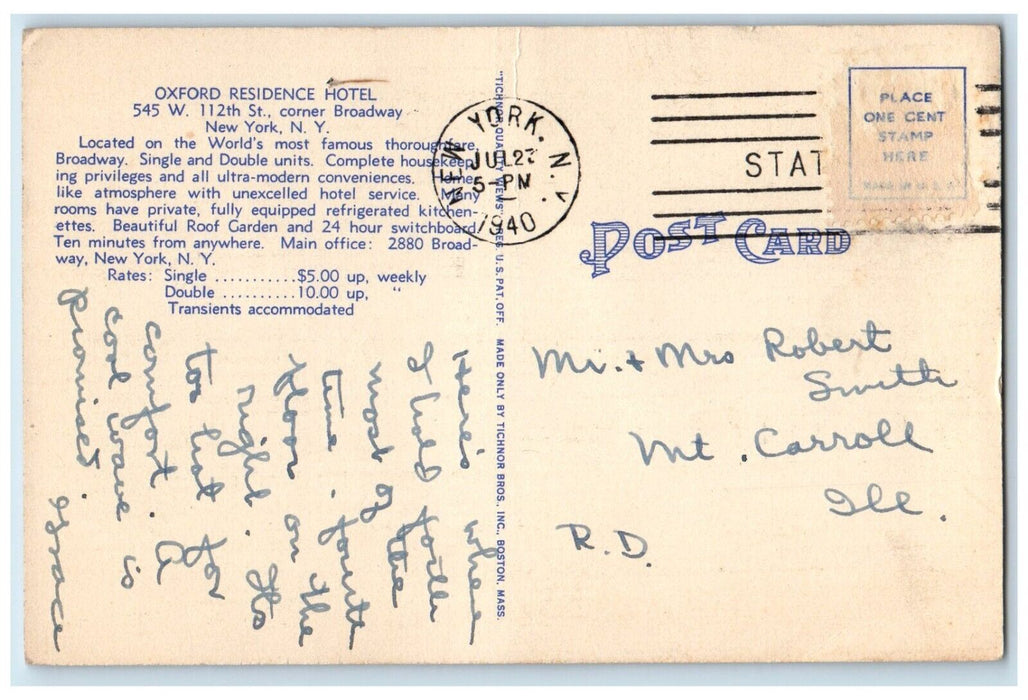 1940 Oxford Residence Hotel Building Kanes Foods Stores New York NY Postcard
