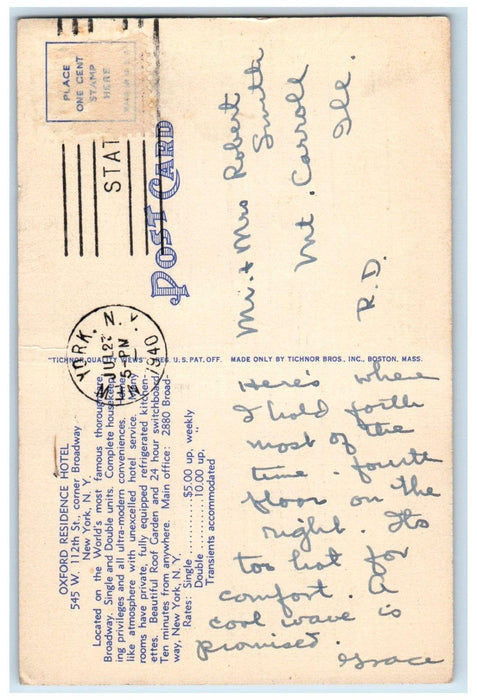 1940 Oxford Residence Hotel Building Kanes Foods Stores New York NY Postcard