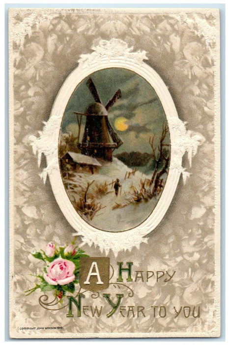 c1910s New Year Windmill House Winter Flowers John Winsch Artist Signed Postcard